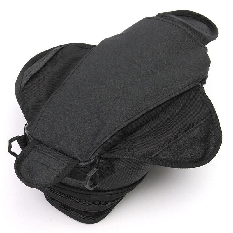 Black textile motorcycle tank bag with 800D nylon, waterproof design, four magnets, and mobile phone pocket for convenient travel.
