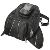 Black textile motorcycle tank bag with reinforced seams, transparent window, and rain cover. Ideal for sport, touring, and scooter.
