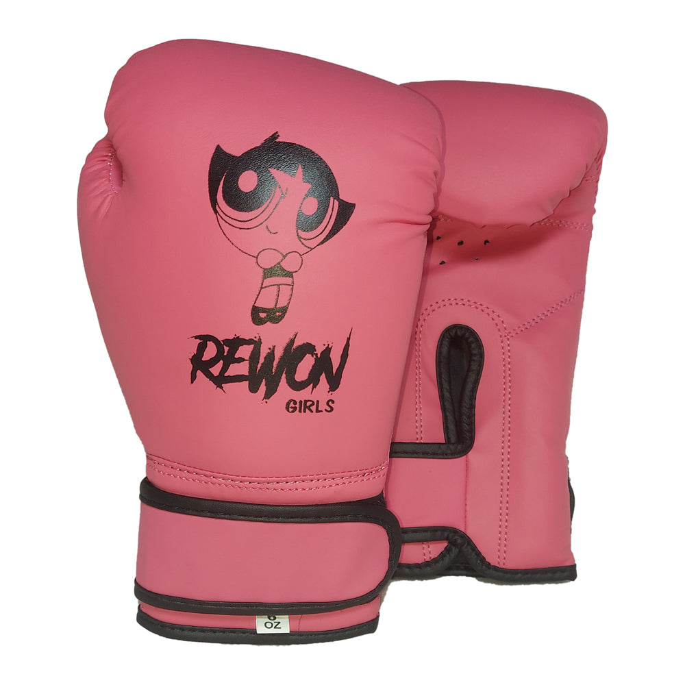 Pink Rewon girls boxing gloves for kids, featuring EVA foam padding for knuckle protection and fitness training.