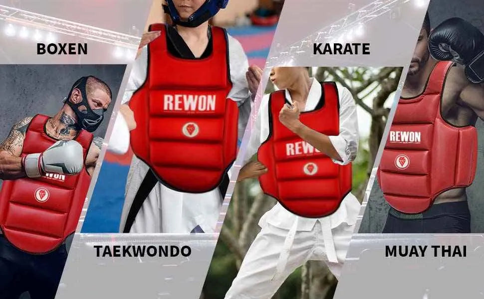 Reversible red chest protector for boxing, taekwondo, karate, Muay Thai; ideal for boxtraining and fitness workouts.