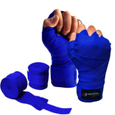 Blue Rewon wrist wraps for boxing with elastic support, ideal for boxing gloves, kickboxing gear, and fitness training accessories.