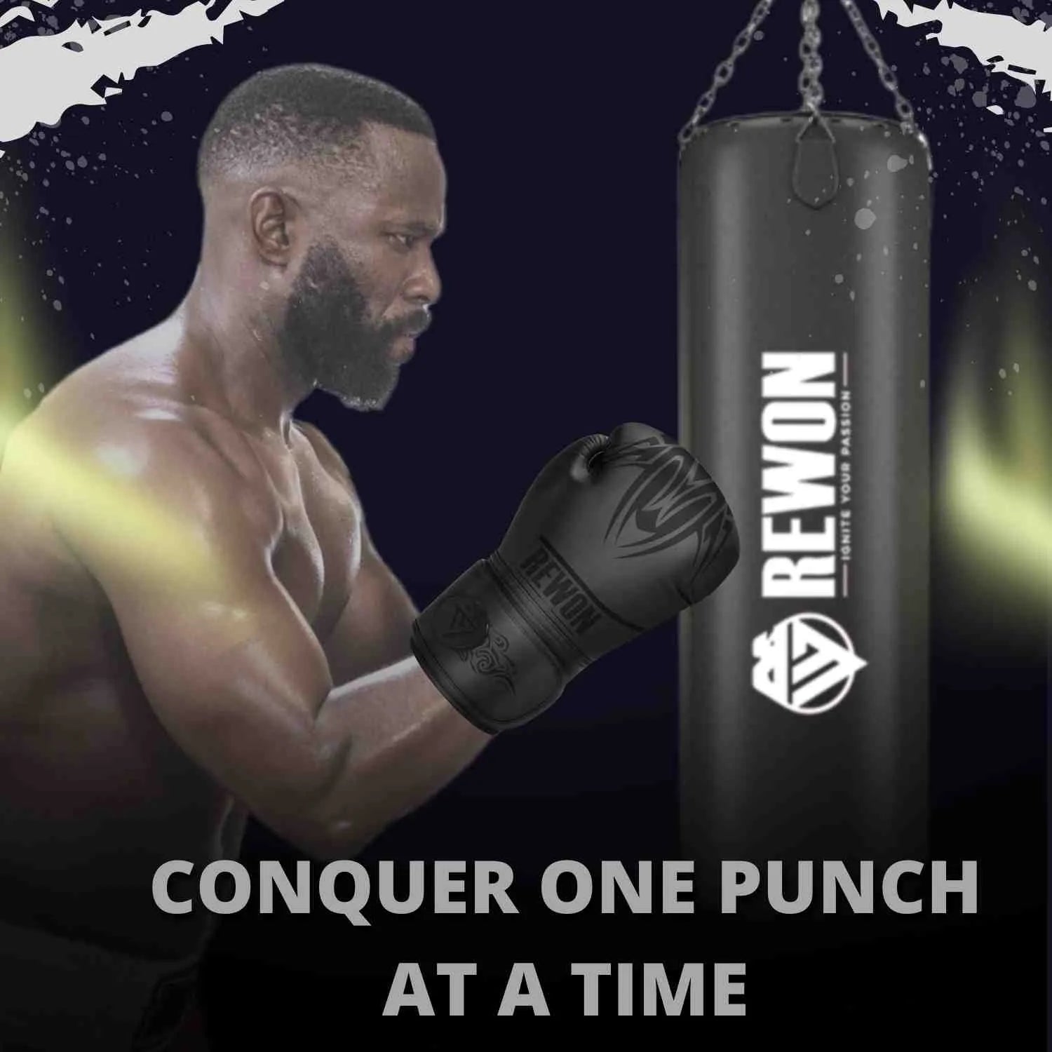 Man boxing with Rewon gloves, preparing to punch a heavy bag, with 'Conquer One Punch at a Time' text overlaid.