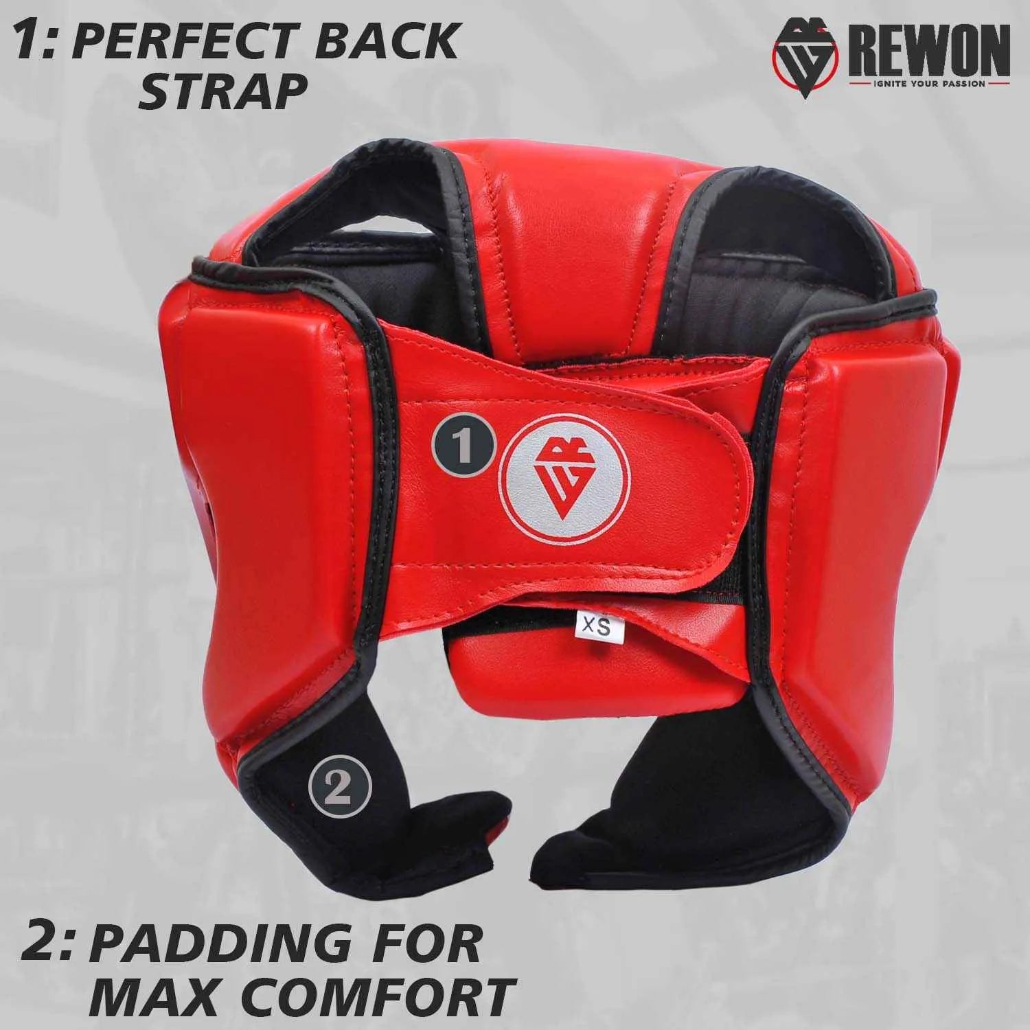 Red Rewon karate helmet with perfect back strap and padding for max comfort, ideal for boxing and MMA training.
