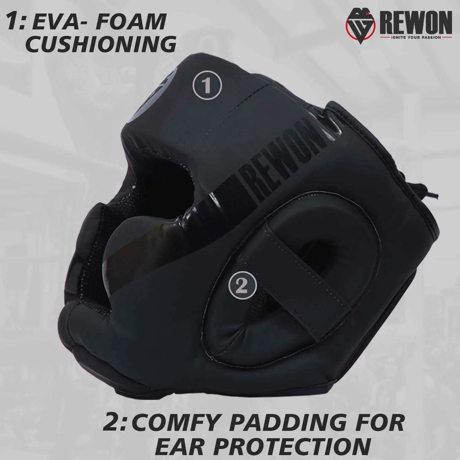 Rewon black boxing headgear with EVA foam cushioning and ear protection for MMA and kickboxing.