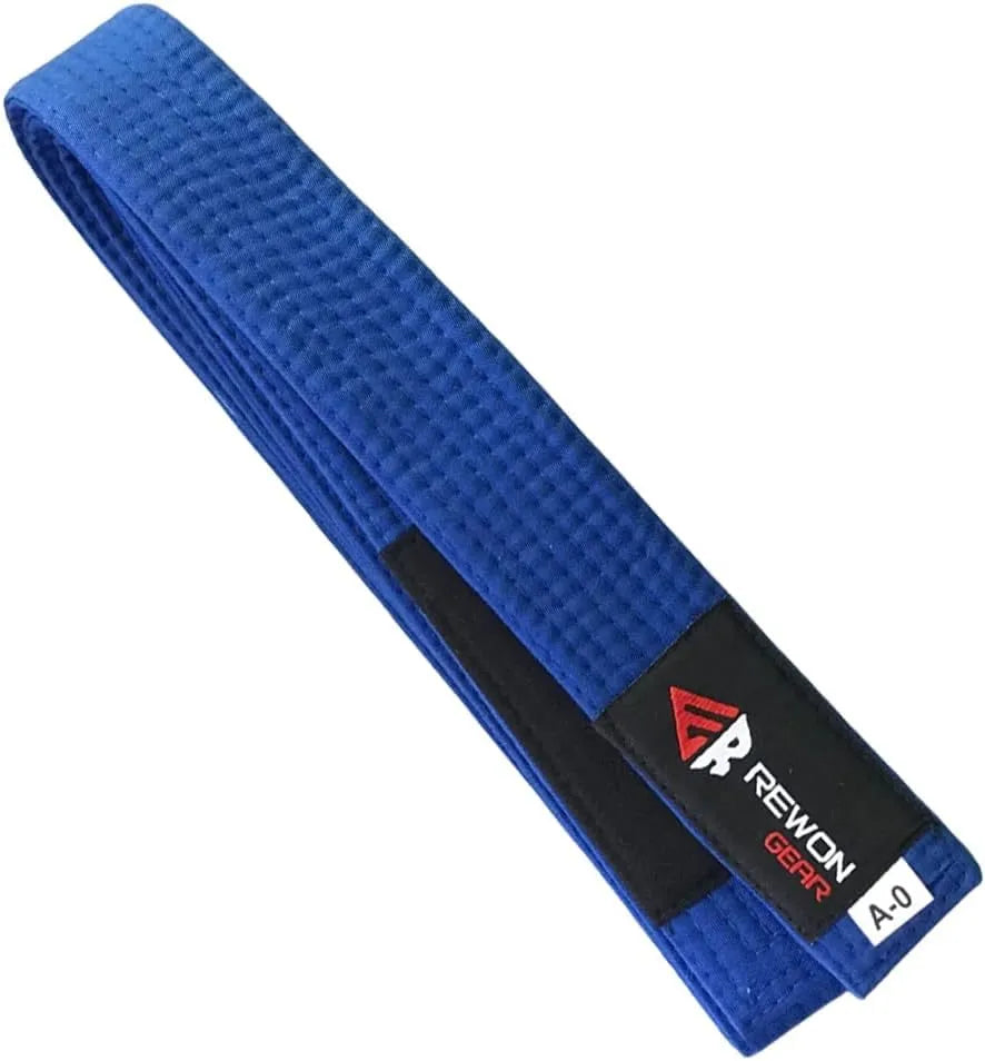 Rewon blue Brazilian Jiu Jitsu BJJ kimono belt for martial arts training, offering excellent grip and durability.