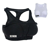Rewon black women's chest protector for boxing and martial arts training, featuring breathable fabric for comfort and safety.