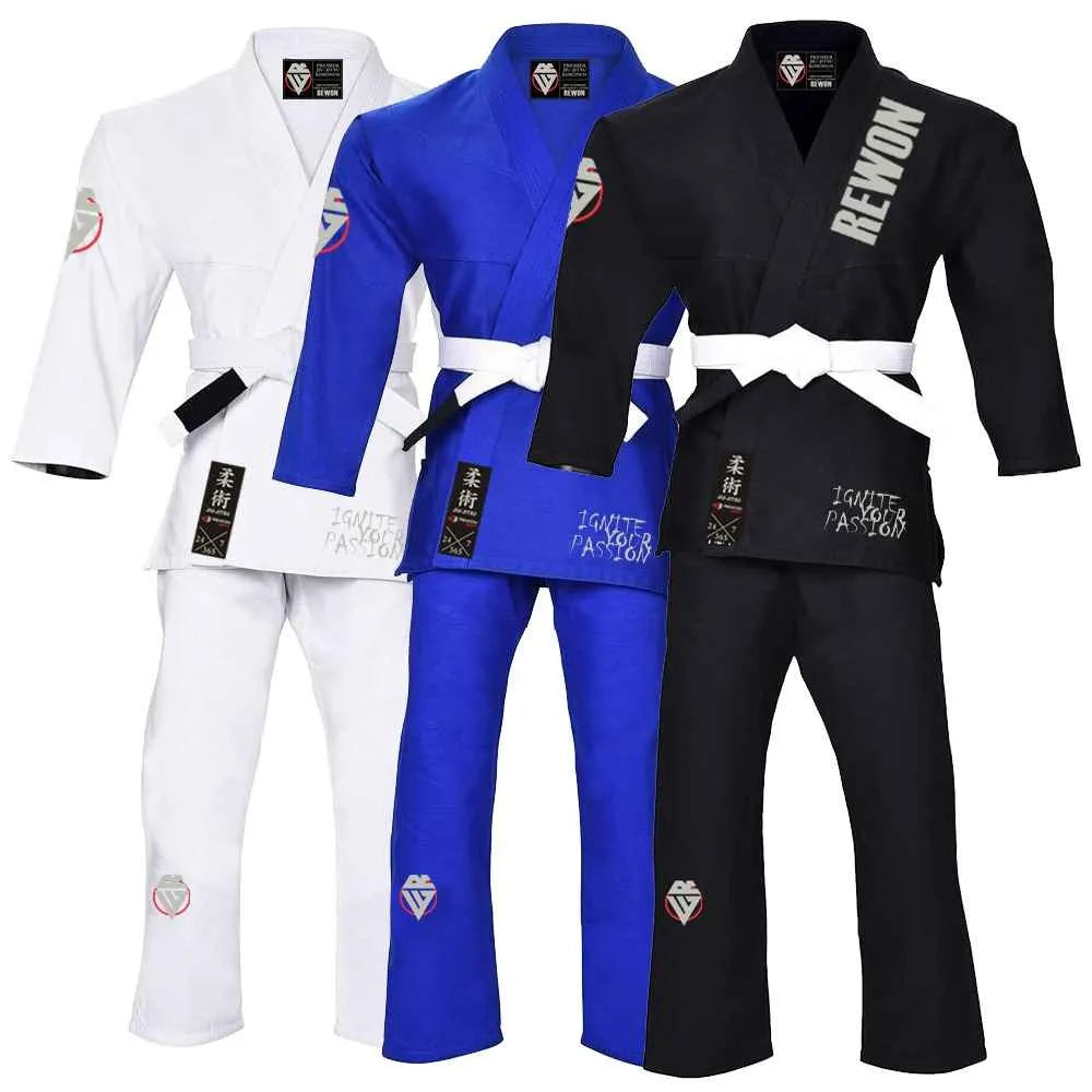 Rewon Classic 2.0 Ju Jutsu Gi in white, blue, and black for martial arts, 100% cotton BJJ kimono, durable and pre-shrunk.