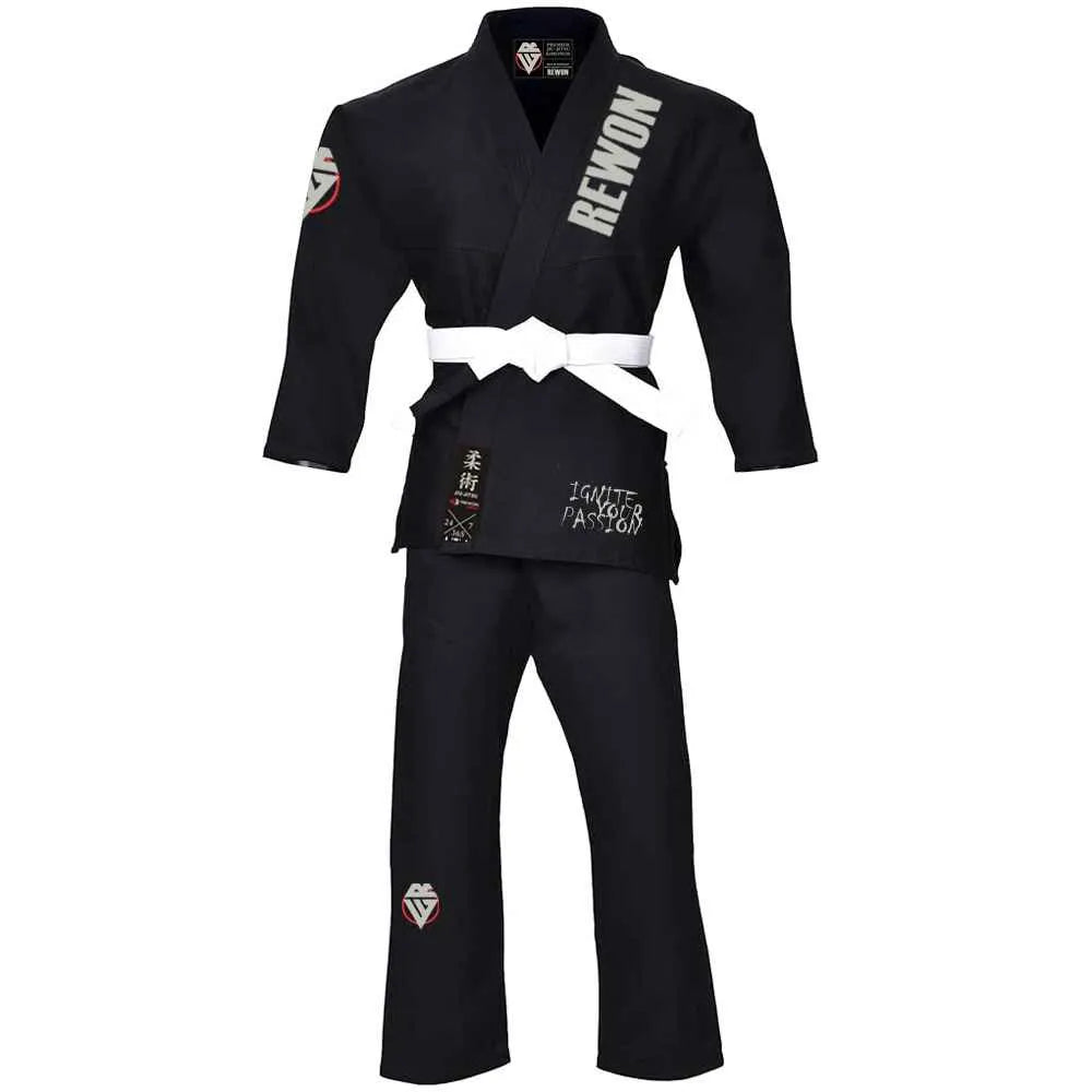 Schwarzer Rewon Classic 2.0 Kampfsport JJ Anzug aus 100% Baumwolle für Jiu-Jitsu und Fitness, strapazierfähig, leicht, ideales Trainingszubehör.