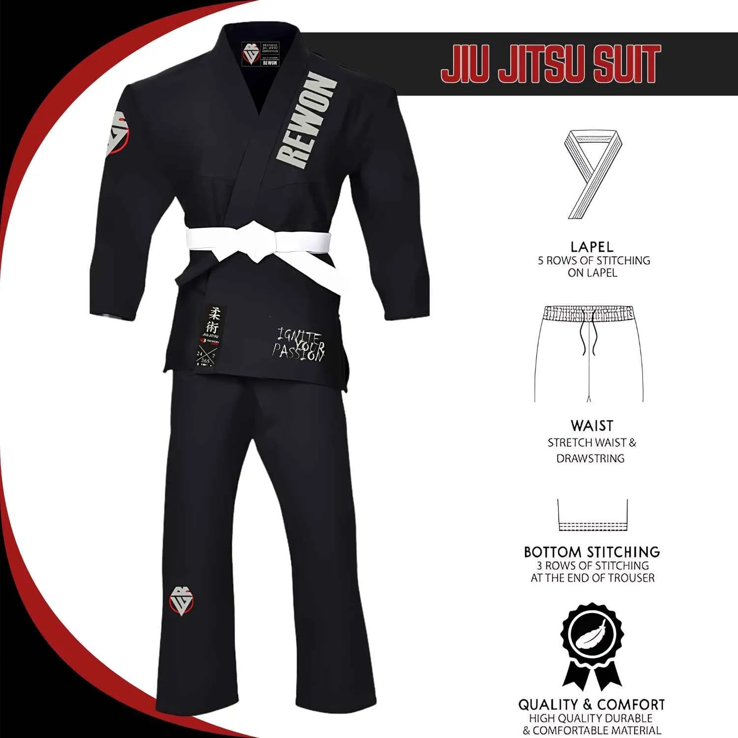 Rewon Classic 2.0 Kampfsport JJ Anzug in Schwarz, Ju Jutsu Gi, BJJ Kimono, robust und leicht, perfekt für Boxtraining und Fitness.