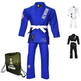 Rewon Classic 2.0 BJJ Gi in blue with belt and bag, lightweight and durable Jiu-Jitsu kimono, 100% cotton, ideal for boxing fitness training.