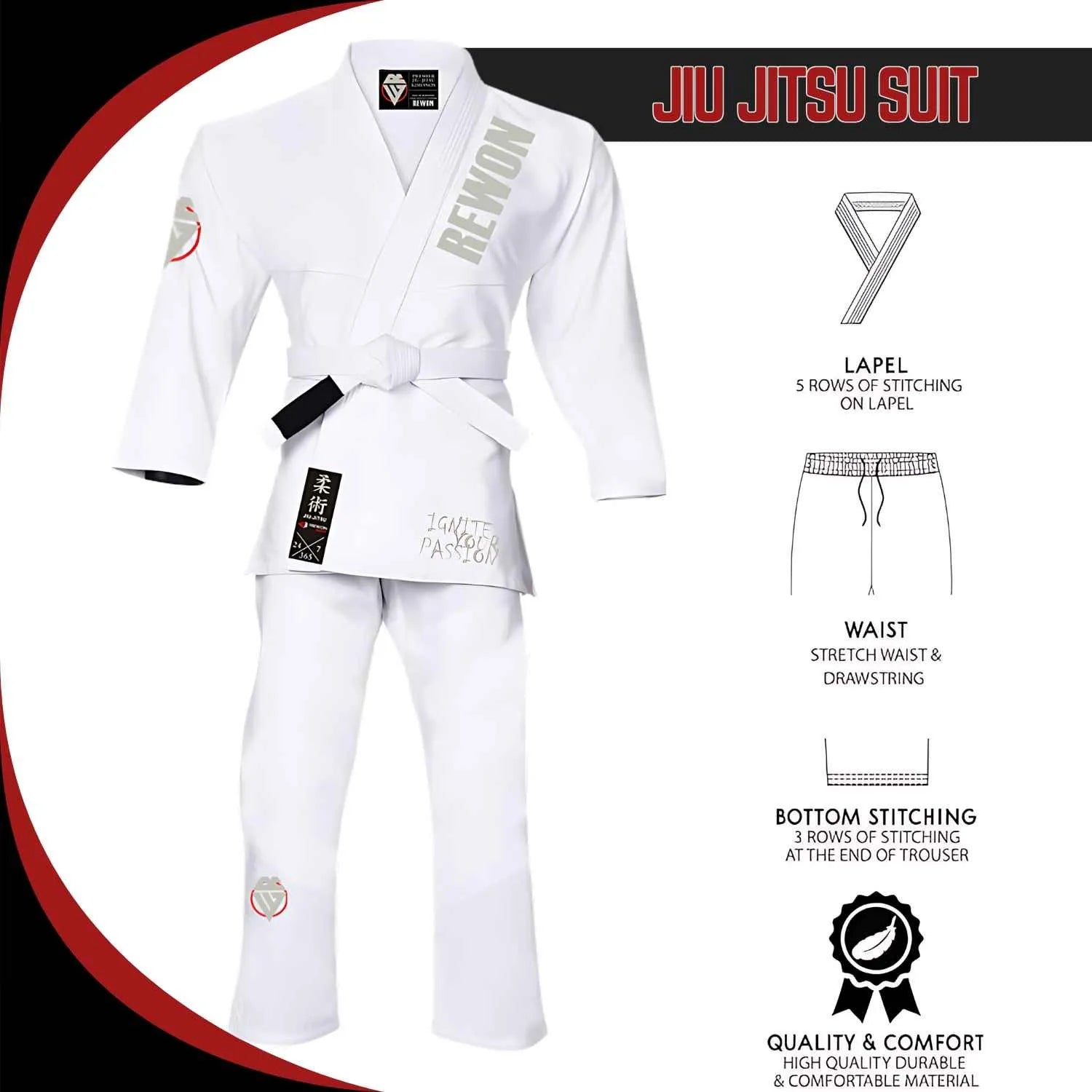 Rewon Classic 2.0 Ju Jutsu Gi, white BJJ kimono with durable stitching and stretch waistband.