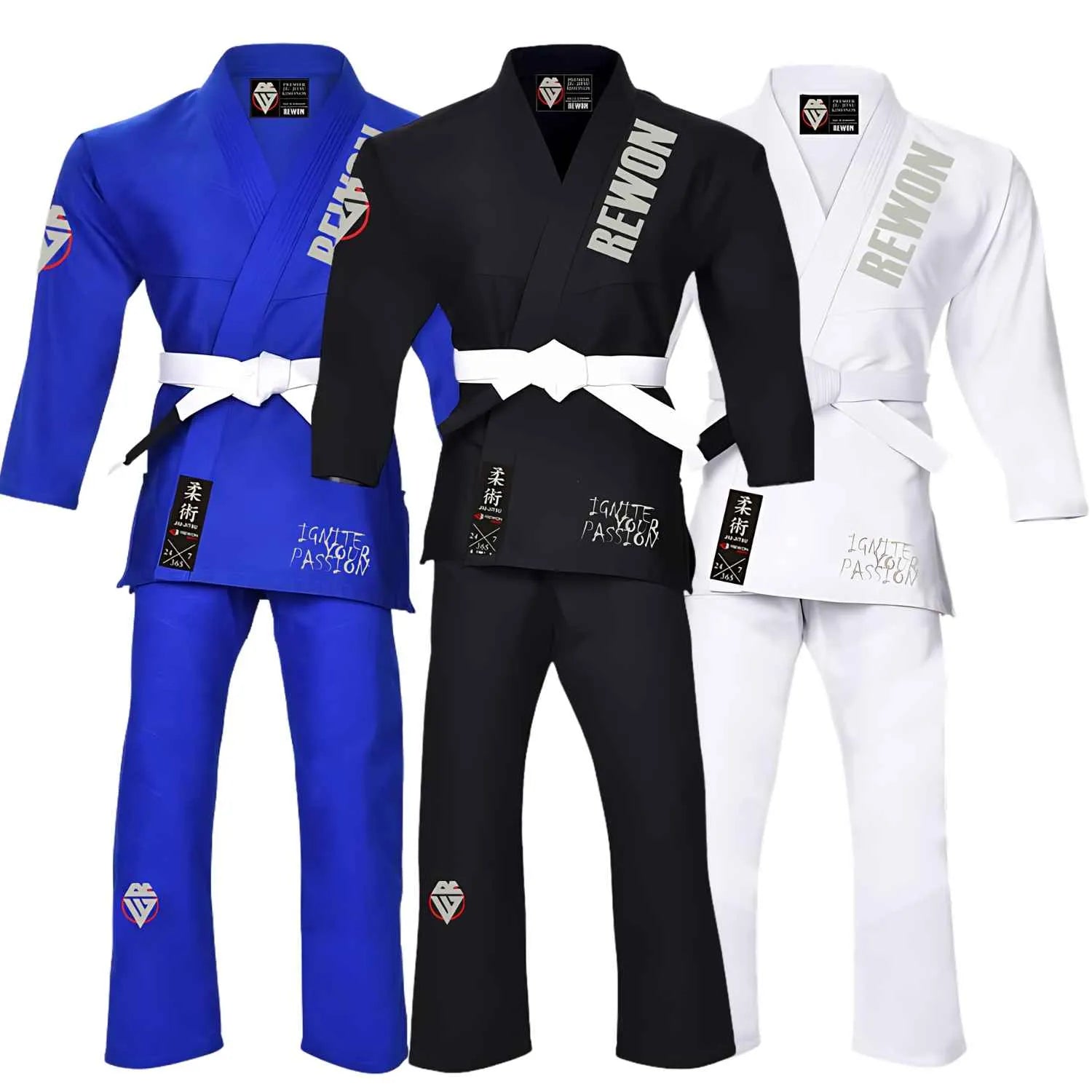 Rewon Classic 2.0 BJJ Kimono in black, blue, and white colors, lightweight and durable, perfect for Jiu-Jitsu and martial arts training.