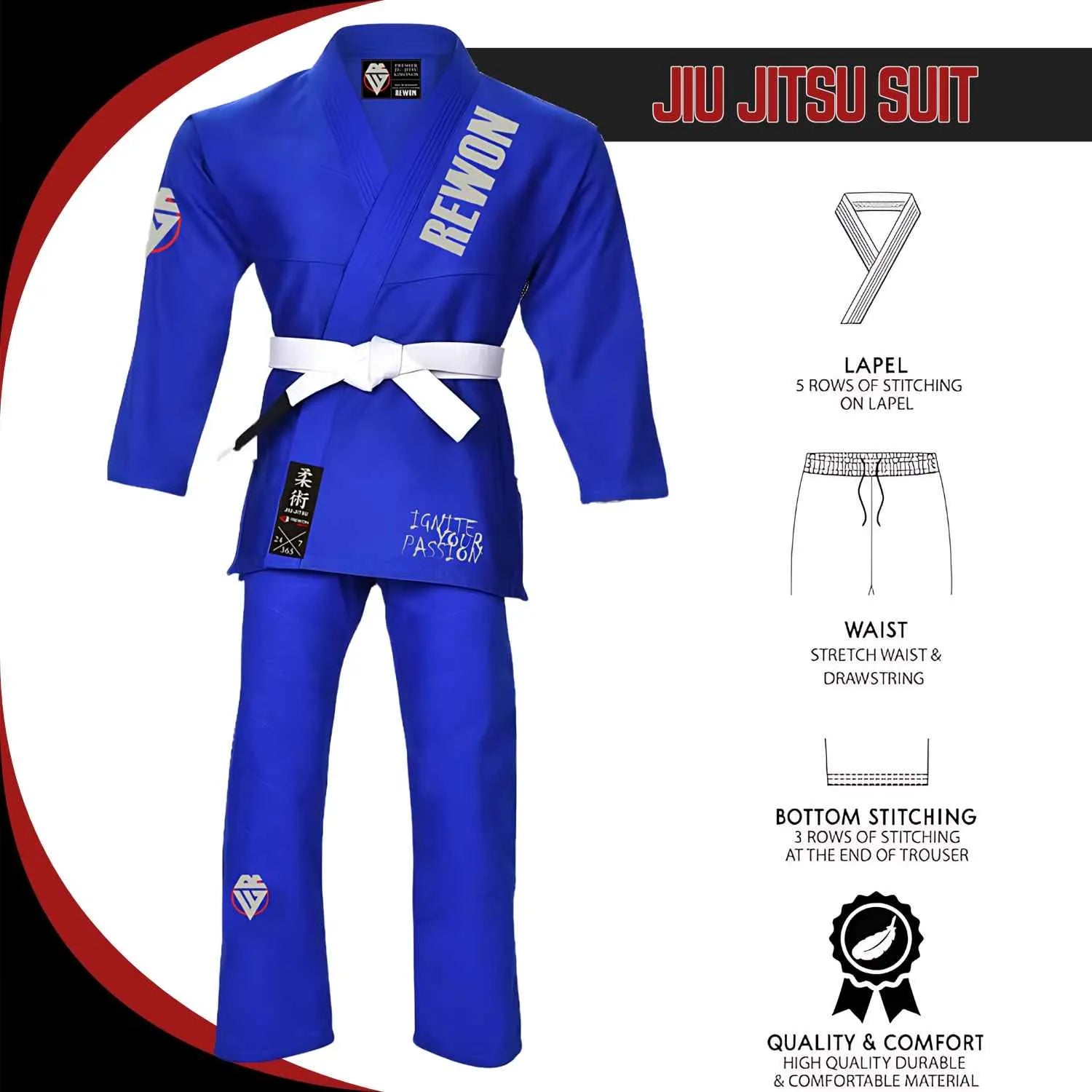 Blue Rewon Classic 2.0 Ju Jutsu Gi with white belt; durable 100% cotton, preshrunk fabric, ideal for BJJ and MMA training.