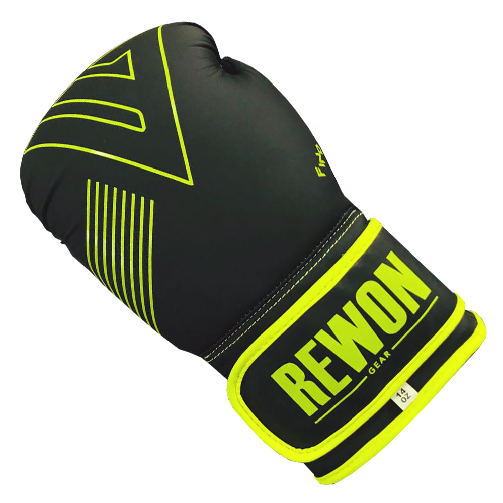 Rewon Excellence R5 Boxhandschuhe in Schwarz mit gelben Details, ideal für Kickboxen und Muay Thai, langlebig und komfortabel.