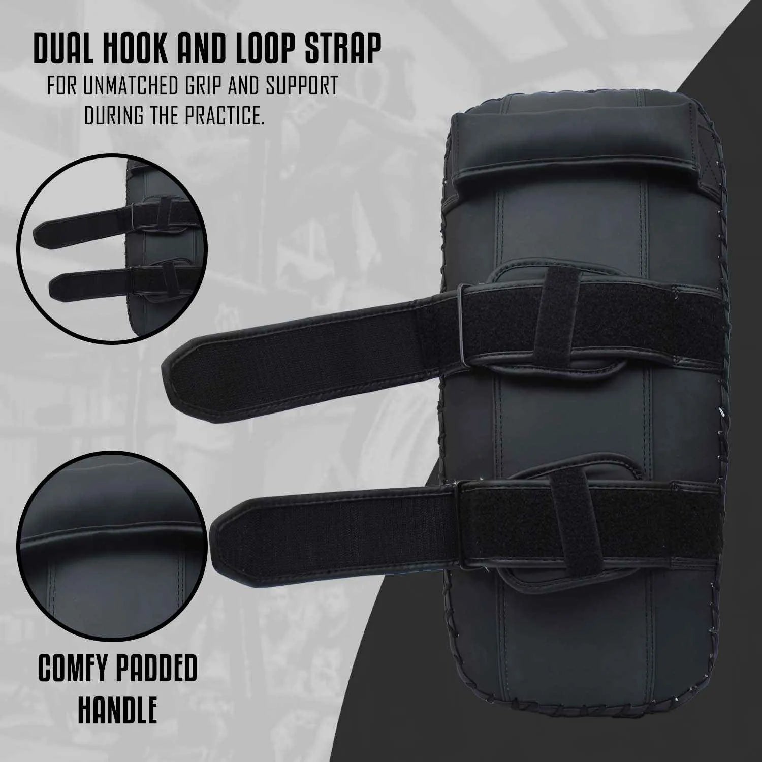 Black MMA trainer pad with dual hook and loop strap, padded handle for comfortable grip. Ideal for boxing and kickboxing training.