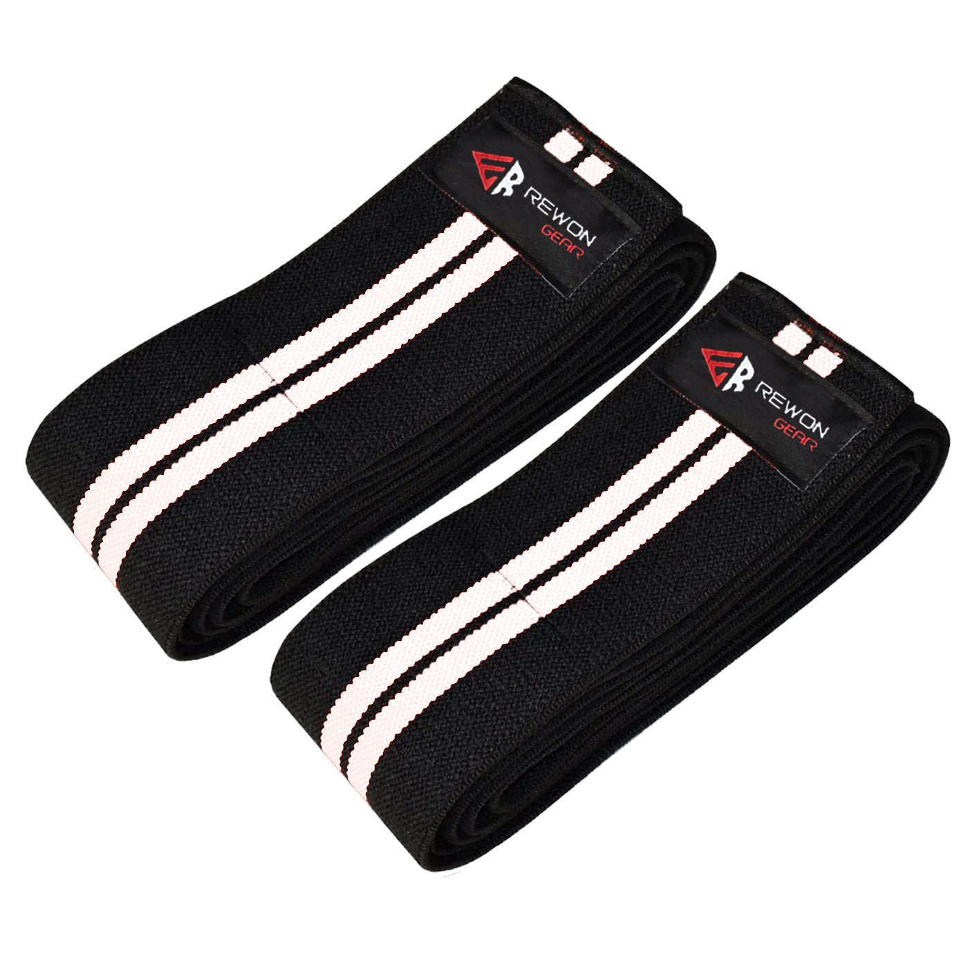 Rewon Gear black and white knee sleeves for weightlifting and MMA protection, ideal for fitness and boxing training support.