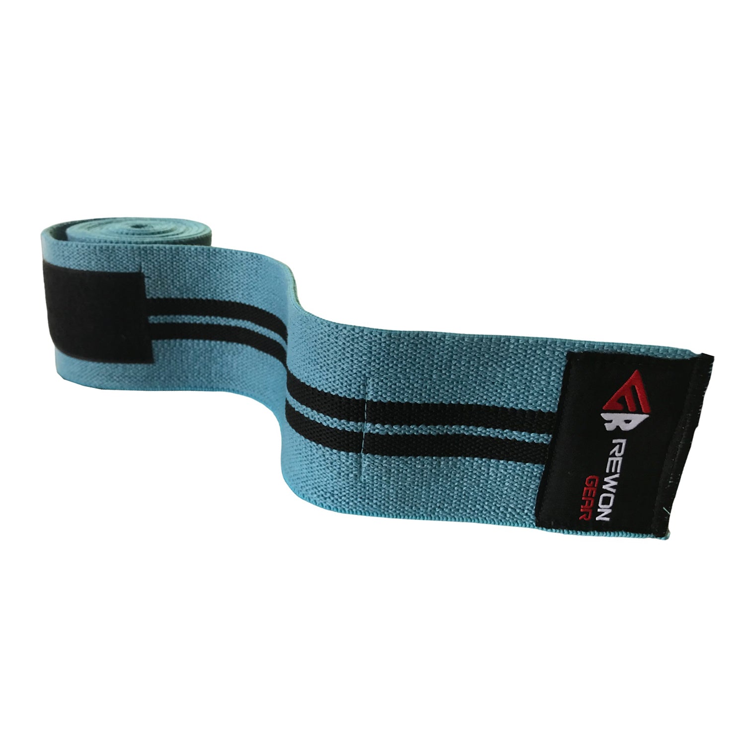 Rewon Gear turquoise knee wrap for enhanced stability and strength in fitness and boxing, ideal for squats and leg workouts.