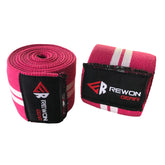 Rewon Gear pink knee wraps for improved leg strength, stability, and support in boxing and fitness training.