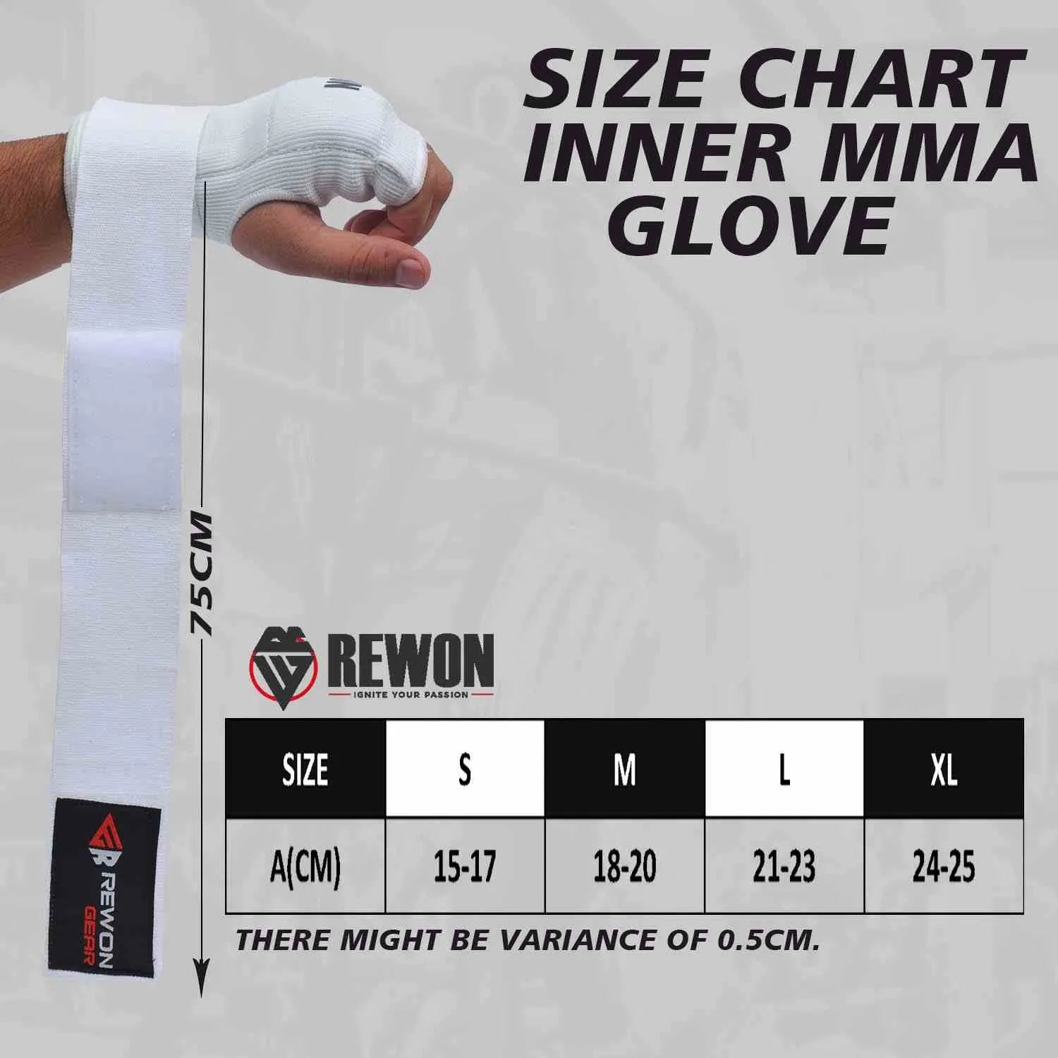 Size chart for white inner MMA glove by Rewon, featuring various size options from S to XL, shown on a hand with boxing wrap.