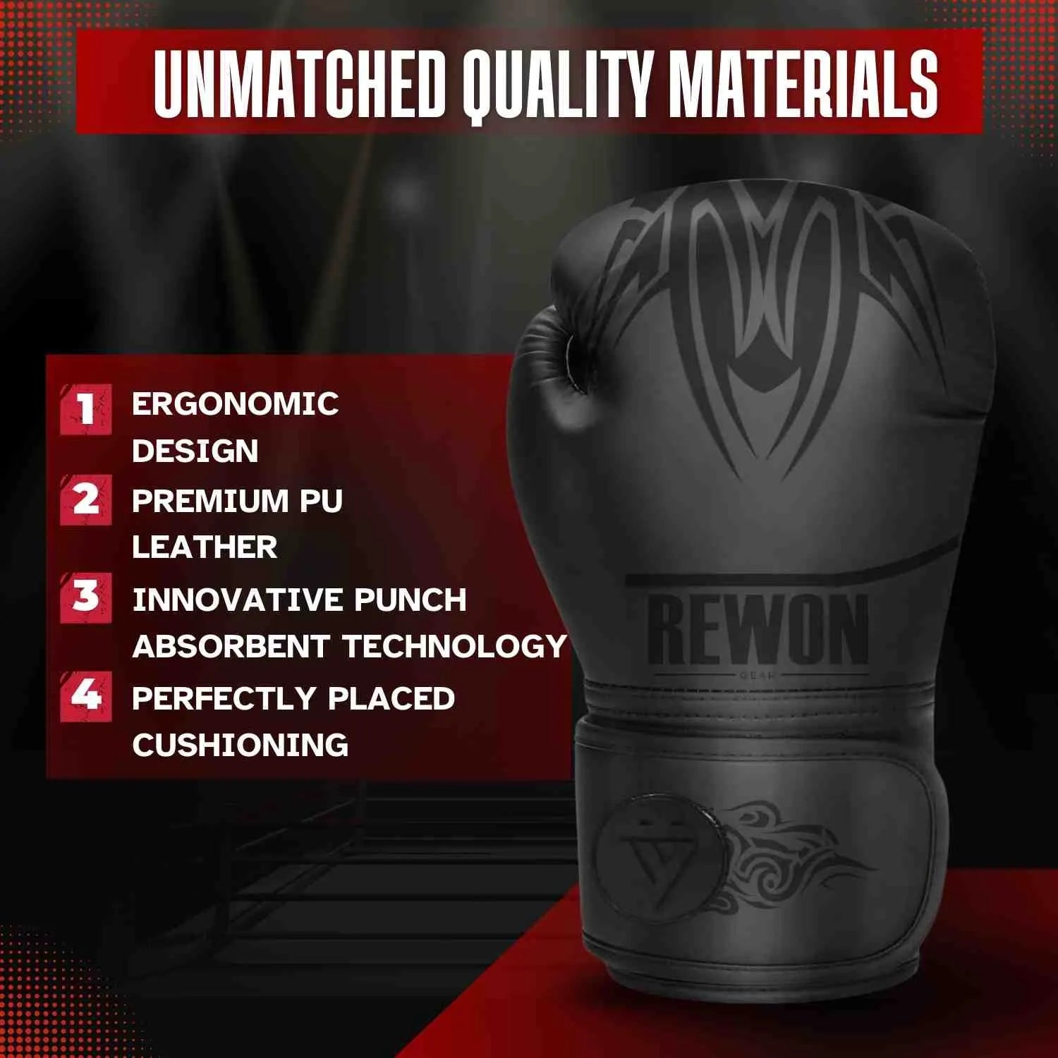 Rewon boxing gloves showcasing ergonomic design and premium PU leather for unmatched punch absorbent technology.