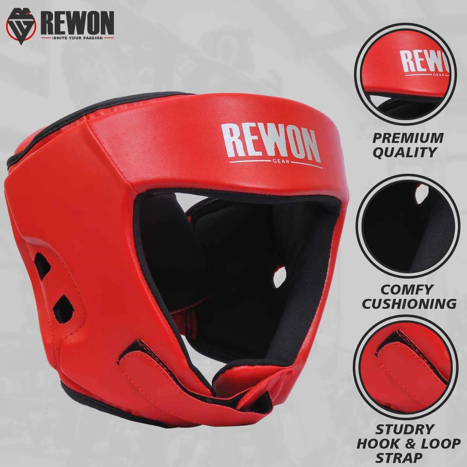 Red Rewon karate headgear offering facial protection, comfy cushioning, and sturdy hook & loop strap for boxing and MMA.