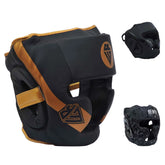 Classic Rewon boxing headgear in golden/black, ideal for MMA, kickboxing, and training. Full protection with foam padding. Great for all levels.