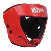 Red Rewon martial arts headgear for boxing, MMA, and taekwondo, featuring full face protection and foam padding for impact reduction.