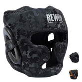 Camouflage Rewon boxing headgear offering full protection for MMA and kickboxing, ideal for all skill levels, with foam padding.