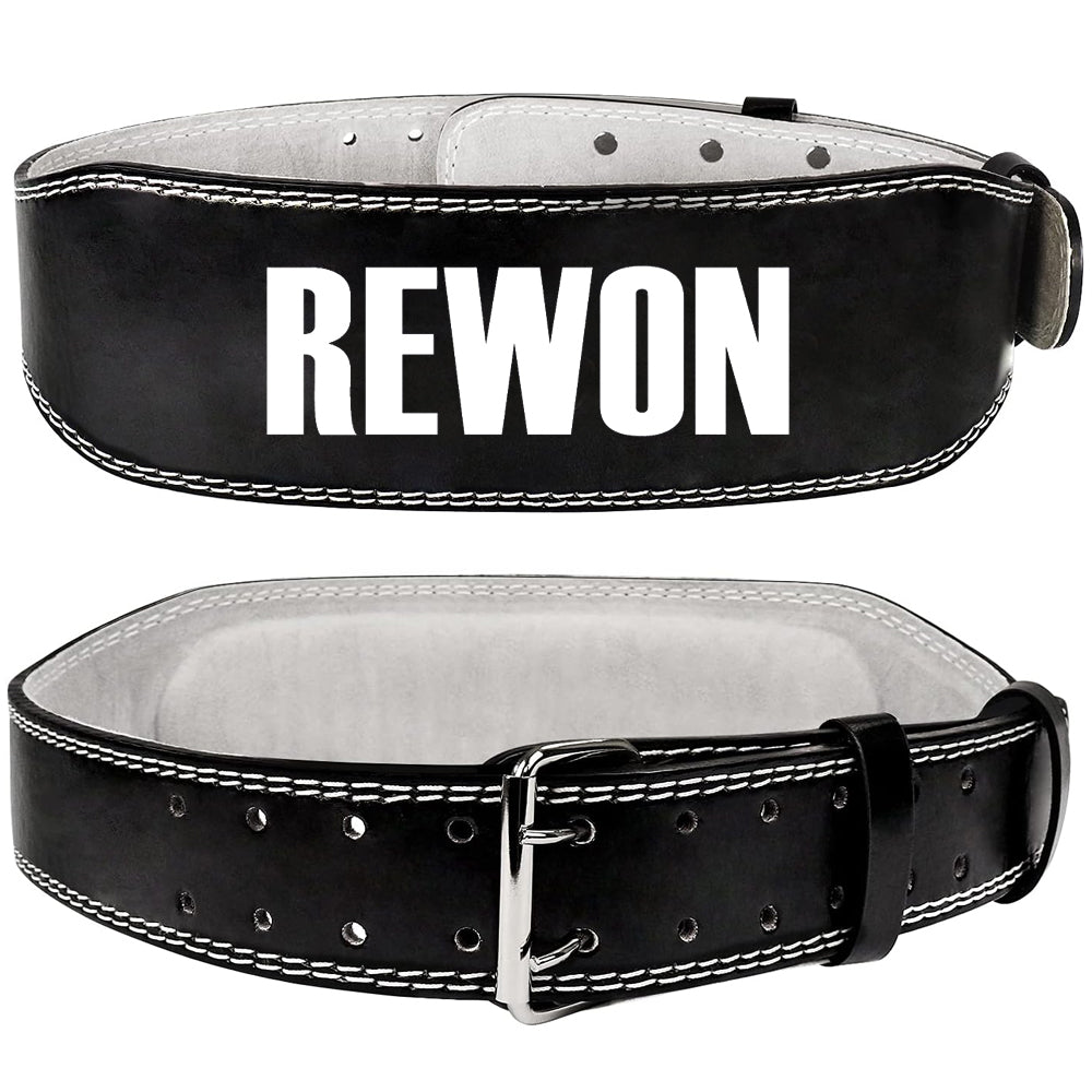 Rewon black leather weightlifting belt for fitness, providing core support for bodybuilding and gym workouts.