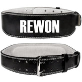 Rewon black leather weightlifting belt for fitness, providing core support for bodybuilding and gym workouts.