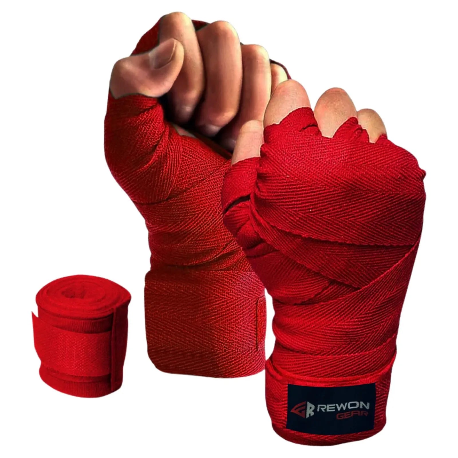 Red Rewon hand wraps for boxing and fitness training, providing protection and support. Ideal for kickboxing and MMA.