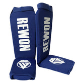 Blauer Rewon Schienbeinschoner für Kampfsport, verstellbar, geeignet für Kickboxen und Boxtraining – Fitnesszubehör.