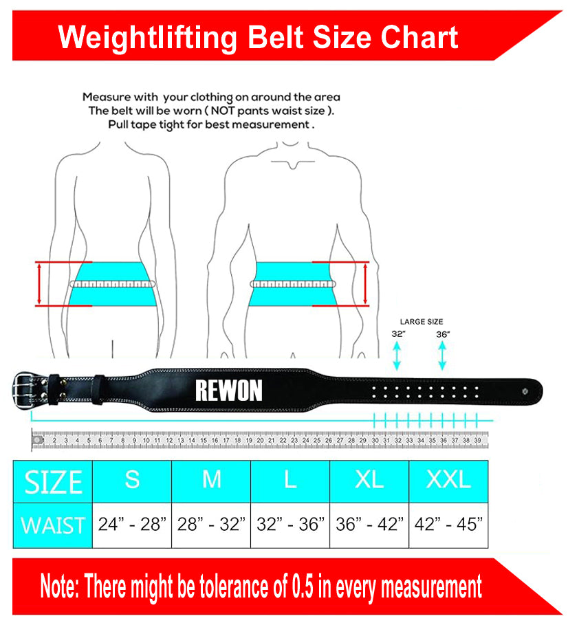 Size chart for Rewon leather weightlifting belt, illustrating waist measurement guidelines and sizing options from S to XXL.
