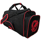 Classic black and red Rewon gym sports bag, ideal for boxing and fitness, with multiple compartments for easy access and storage.