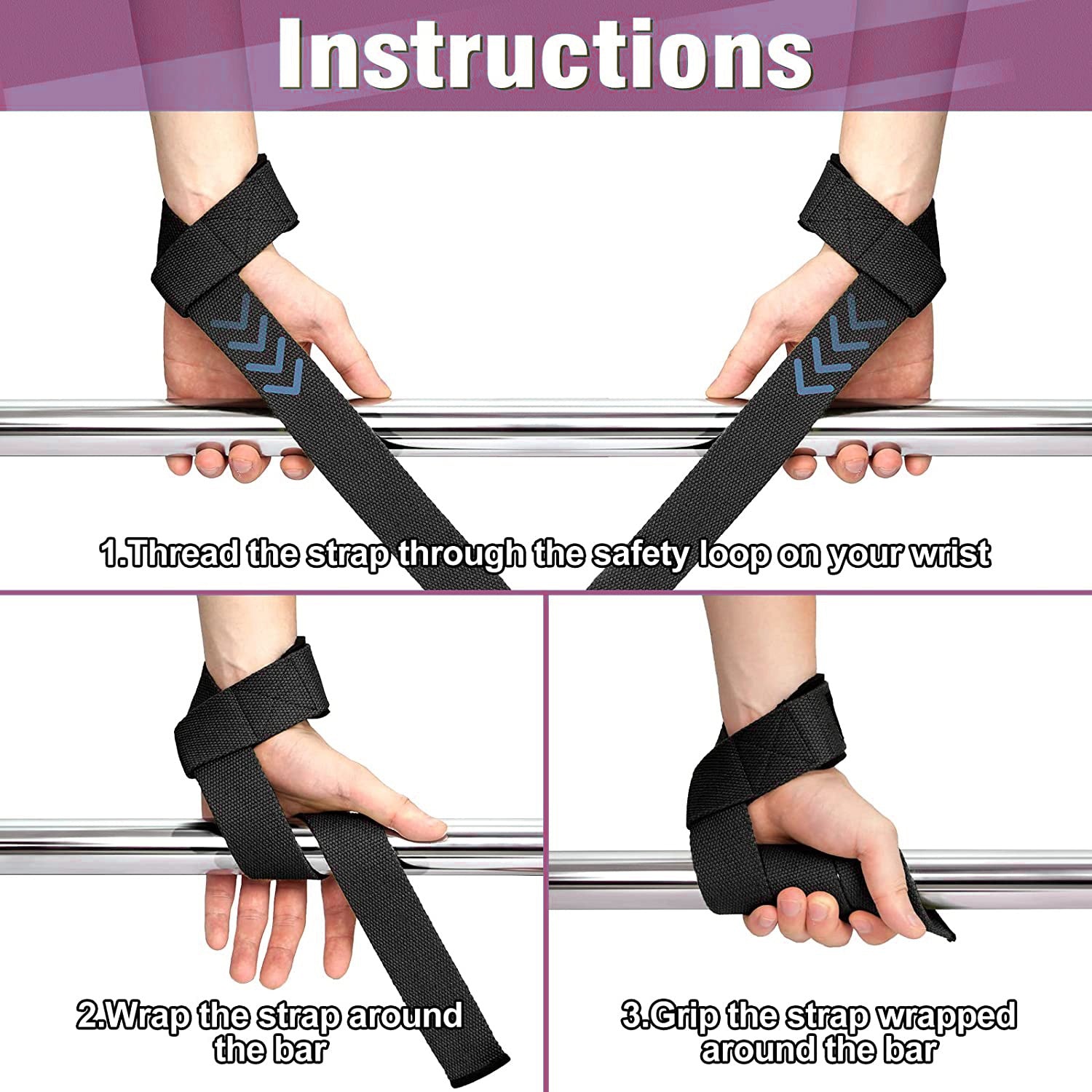 Guide on using Rewon powerlifting wrist straps for a secure grip on a lifting bar, showcasing step-by-step instructions.