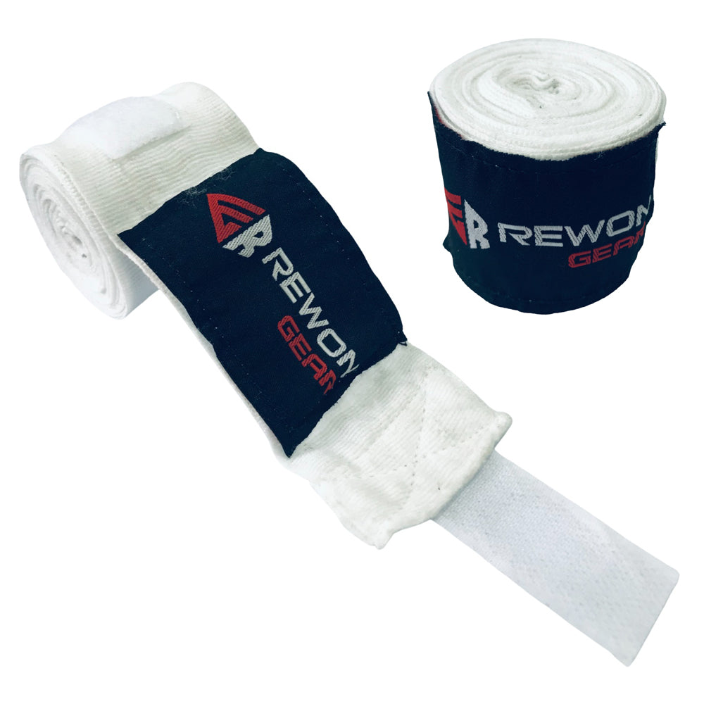 Weiße Rewon Handgelenkbandagen für Boxen und Fitness, perfekte Unterstützung und Schutz beim Training, ideal für MMA und Boxtraining.