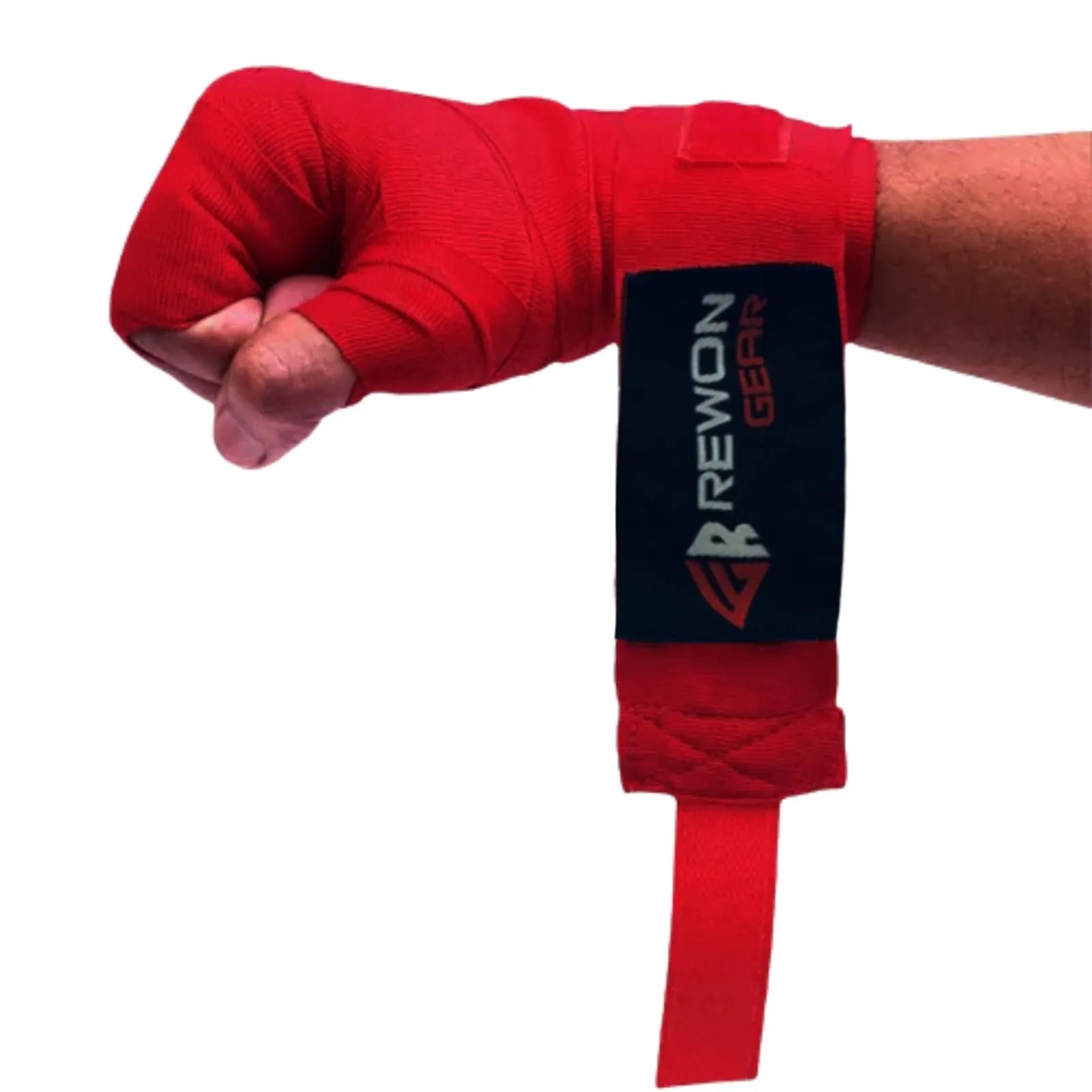 Red Rewon hand wraps for boxing, providing wrist support and protection. Ideal for boxing gloves, fitness, and martial arts training.