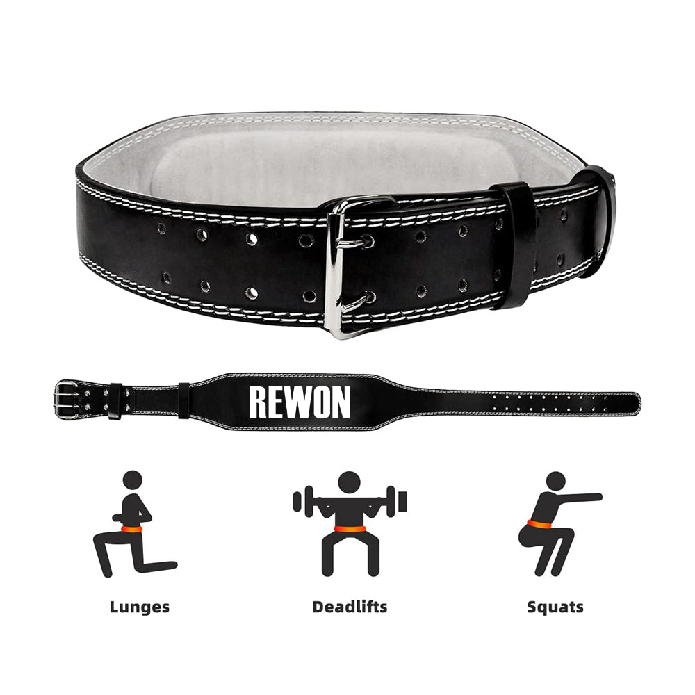 Rewon genuine leather fitness belt for weightlifting, black color with support for lunges, deadlifts, and squats. Ideal for boxing.