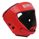 Red Rewon karate headgear for boxing, MMA, and taekwondo with foam padding for impact protection, ideal for fitness and training.