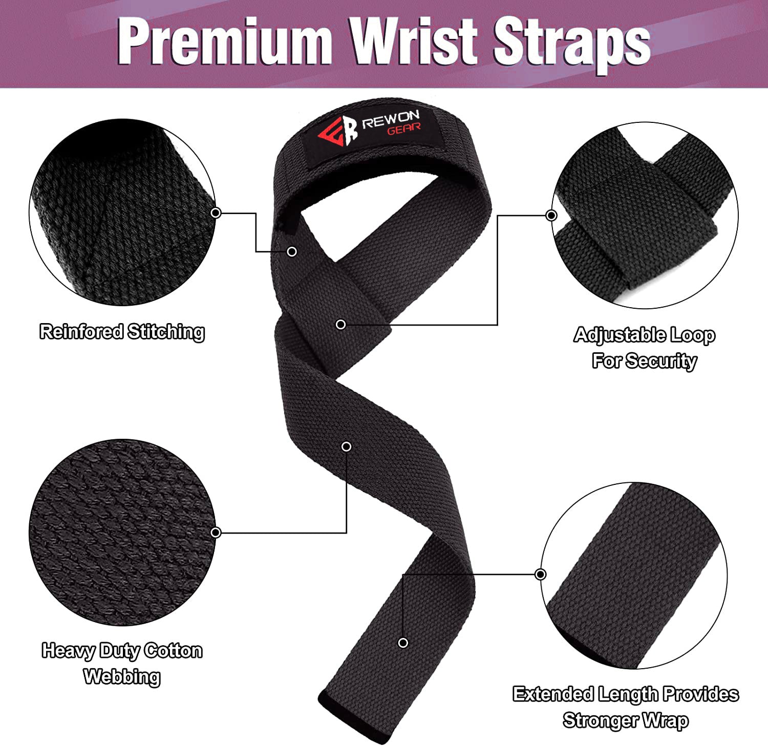Premium black wrist straps by Rewon Gear, featuring reinforced stitching, adjustable loop, and heavy-duty cotton webbing for powerlifting.