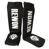 Schwarze Rewon Schienbeinschoner für Kickboxen und Kampfsport, anpassbare Passform, ideal für Boxtraining und Boxen-Fitness-Kombi.