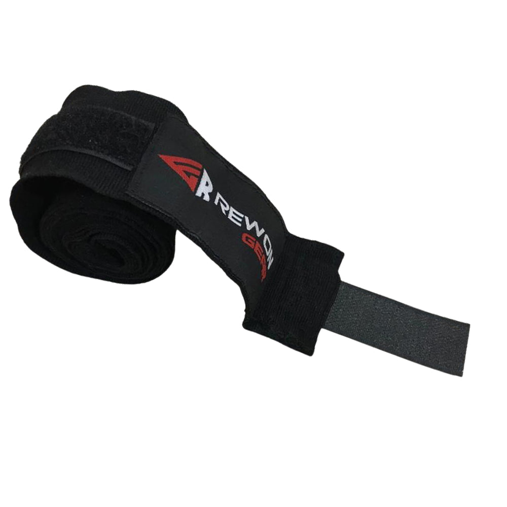 Black Rewon hand wraps for boxing and MMA, perfect for training and protection, available in Boxen and Fitness gear collections.