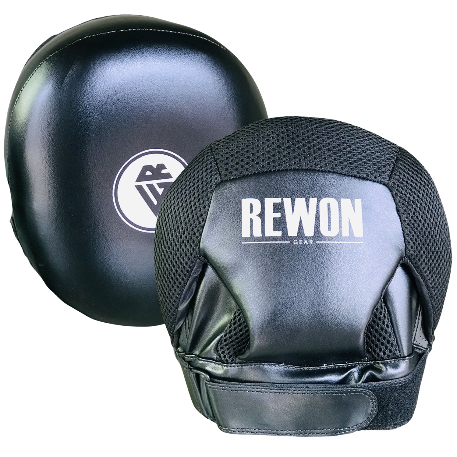 Rewon T10 boxing focus mitts in black leather for kickboxing, MMA training, and fitness, ideal boxing equipment available online.