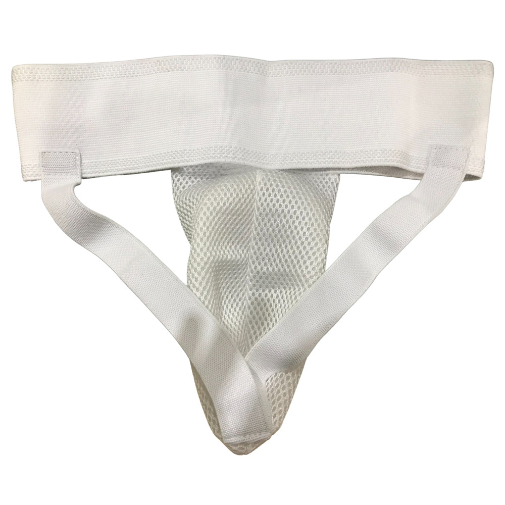 White MMA and Muay Thai Tiefschutz Box-Jockstrap with wide waistband for comfort and support. Ideal for boxing and fitness training.