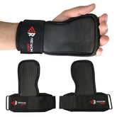 Rewon weightlifting hand grips for boxing and fitness, durable workout pads, black, suitable for protecting hands during training.