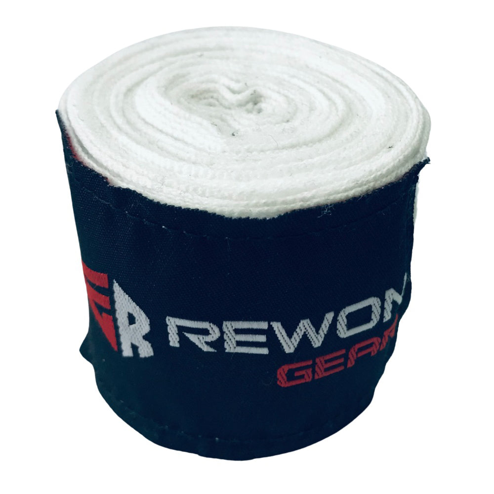 White Rewon wrist wraps for boxing training and fitness, providing support and protection. Ideal for boxers and martial arts enthusiasts.