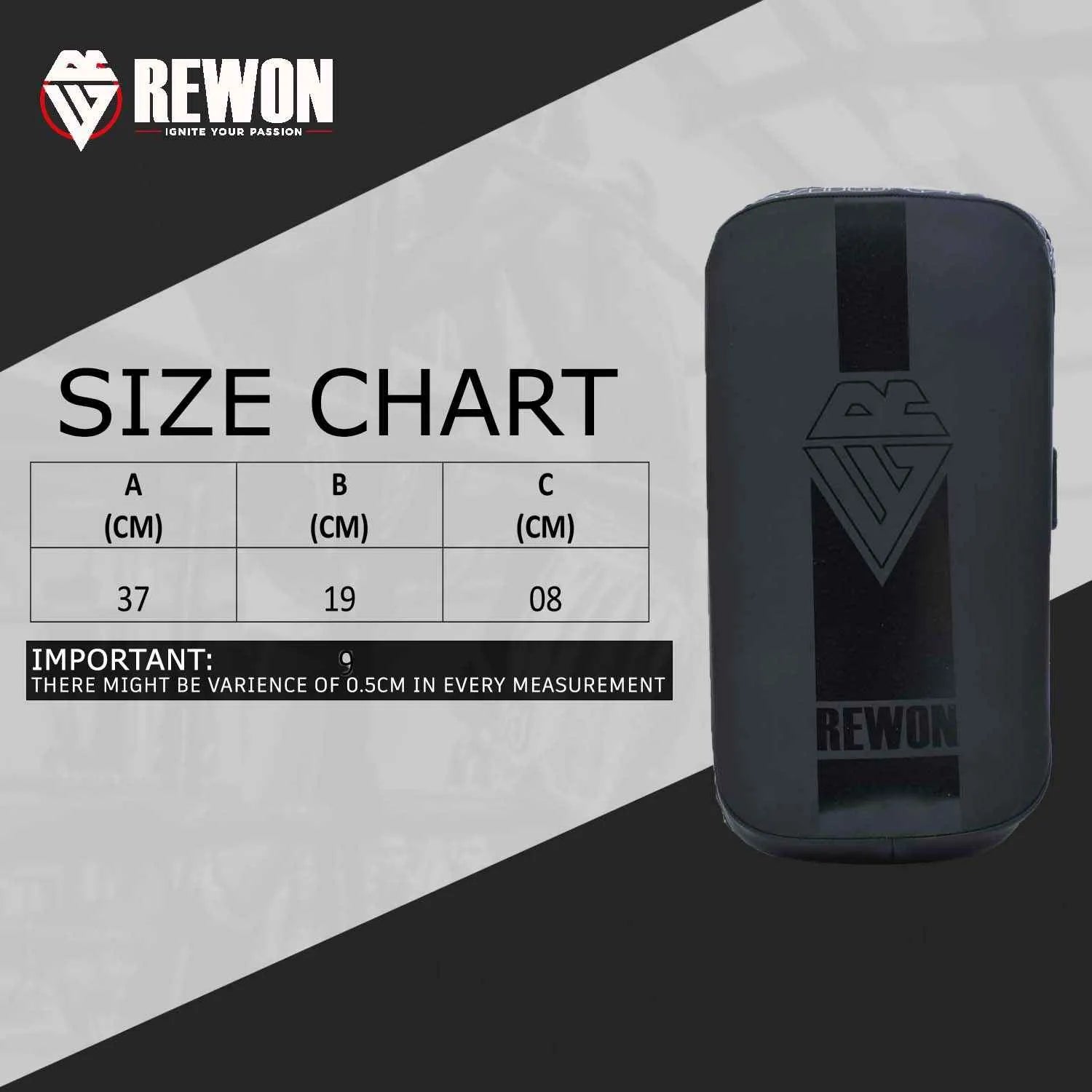 Rewon Schlagpolster Size Chart with measurements for MMA training gear