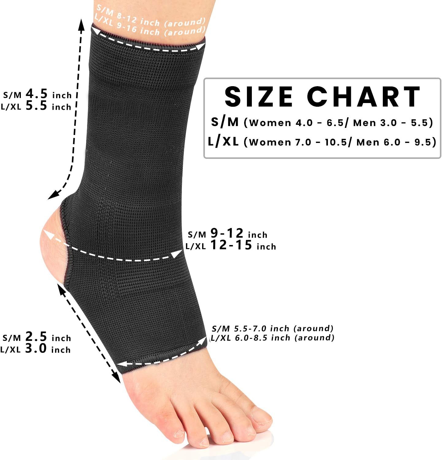 Size chart for black Rewon ankle support bandage for kickboxing, Muay Thai. Shows detailed measurements and available sizes for men and women.