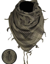 Olive green shemagh scarf with grenade pattern, versatile for both boxing and fitness activities; ideal as a cooling wrap or signal device.