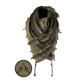 Olive shemagh scarf with rifle design, ideal for cooling or signalling during outdoor activities, enhances boxing or fitness training gear.